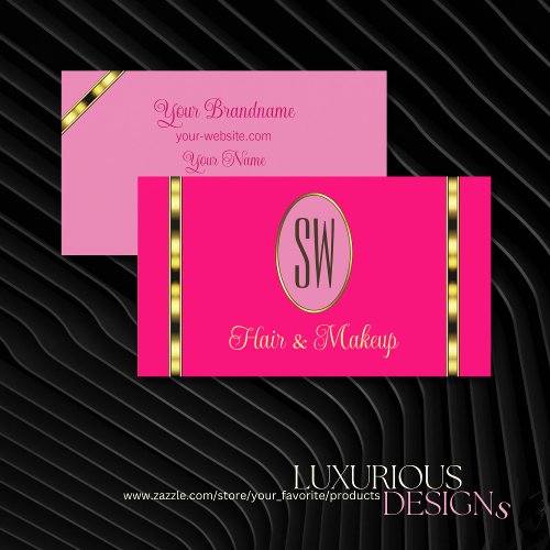 Girly Pink with Monogram Gold Stripes Professional Business Card
