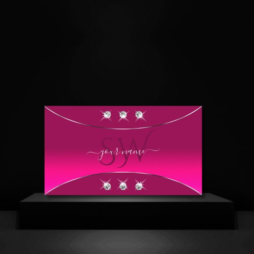Girly Pink with Silver Decor Diamonds and Monogram Business Card