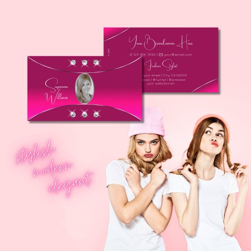 Girly Pink with Silver Decor Diamonds and Photo Business Card