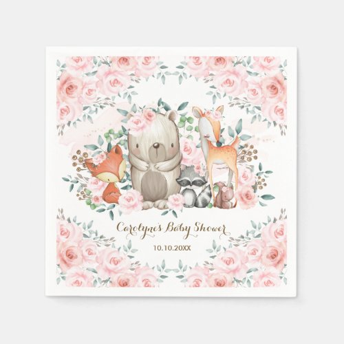 Girly Pink Woodland Baby Animals Forest Flowers Napkins