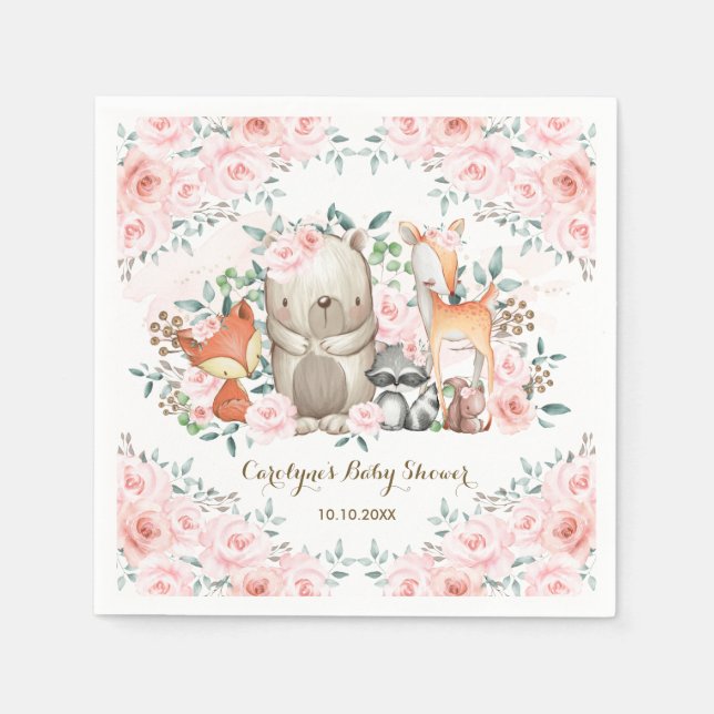 Girly Pink Woodland Baby Animals Forest Flowers Napkins (Front)
