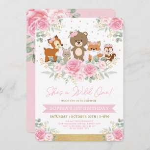 Girly Pink Woodland Floral Wild One 1st Birthday Invitation