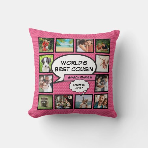 Girly Pink Worlds Best Cousin Fun Photo Collage Throw Pillow