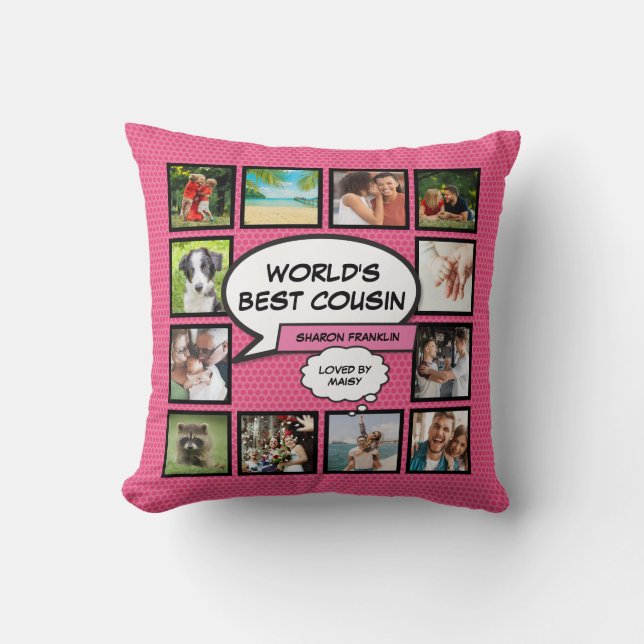 Girly Pink World's Best Cousin Fun Photo Collage Throw Pillow (Front)