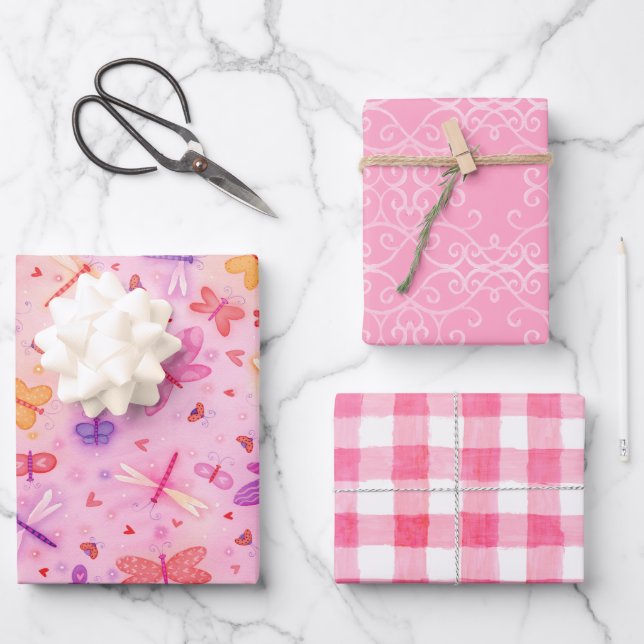 Girly Pink Wrapping Paper Flat Sheet Set of 3 (Front)
