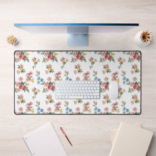 Girly Pink Yellow and Blue Floral  Desk Mat