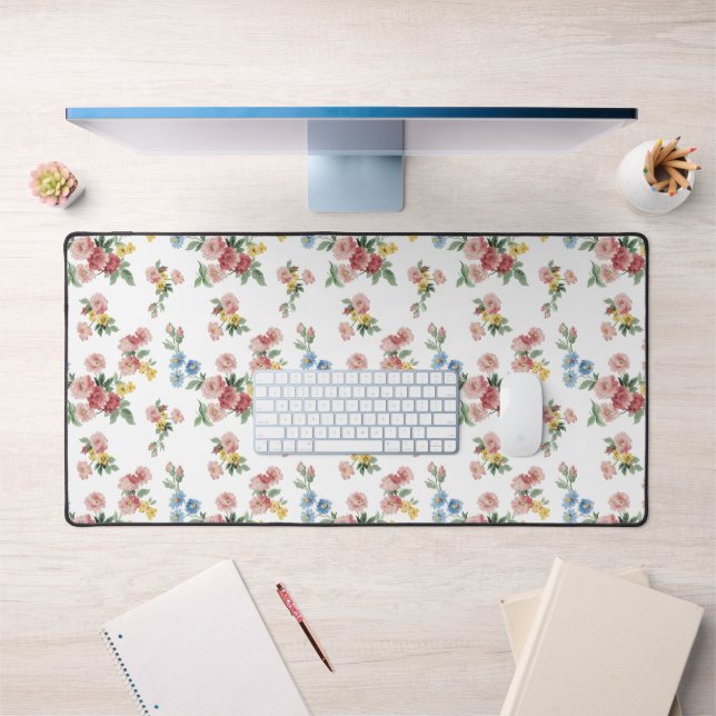 Girly Pink, Yellow and Blue Floral  Desk Mat (Office 1)