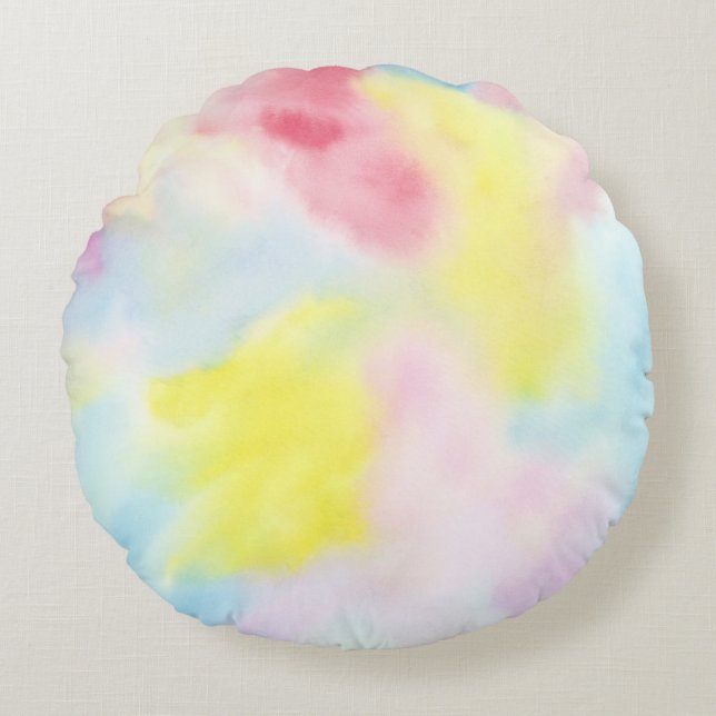 Girly Pink Yellow Blue Tie Dye Round Pillow (Front)