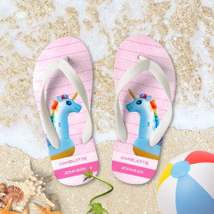 Girly Pink Yellow Blue Unicorn Name Kid's Flip Flops