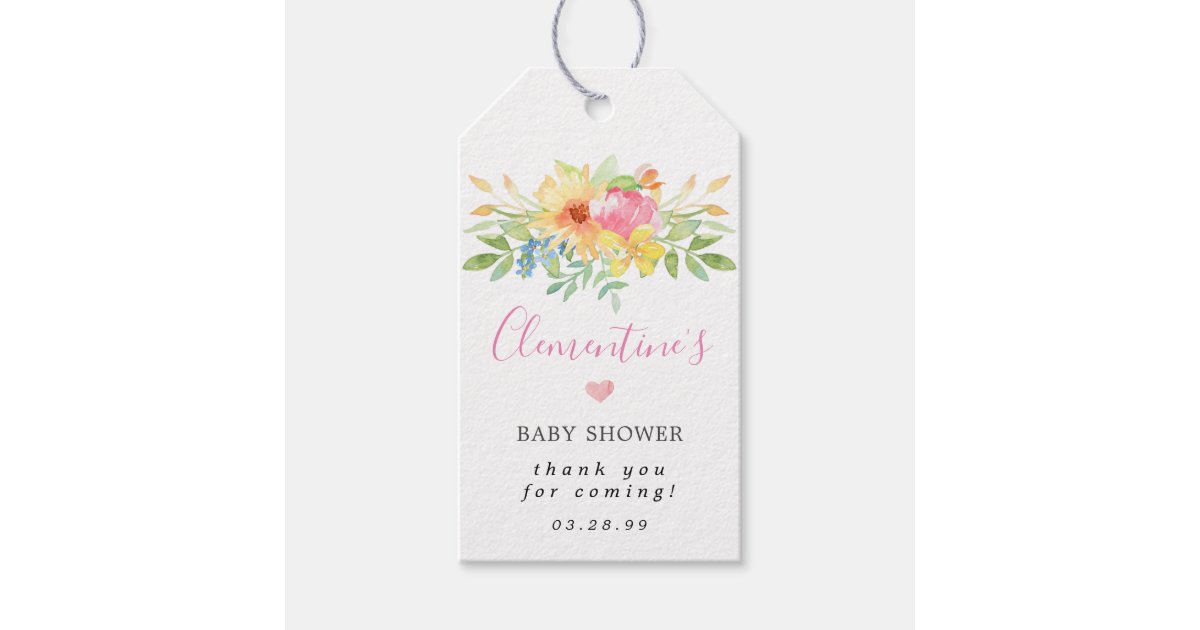 Girly Pink Yellow Floral Baby Shower Thank You Gift Tags | Zazzle