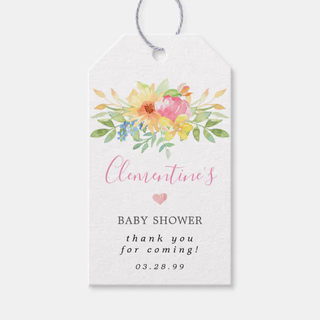 Girly Pink Yellow Floral Baby Shower Thank You Gift Tags | Zazzle