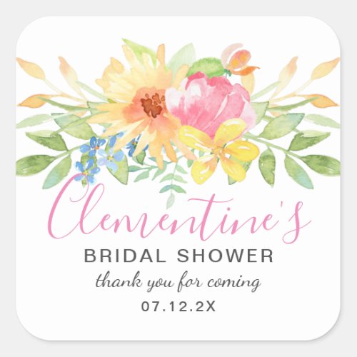 Girly Pink Yellow Floral Bridal Shower Thank You Square Sticker