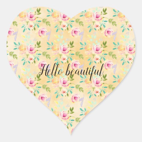 Girly Pink Yellow Floral Heart Sticker