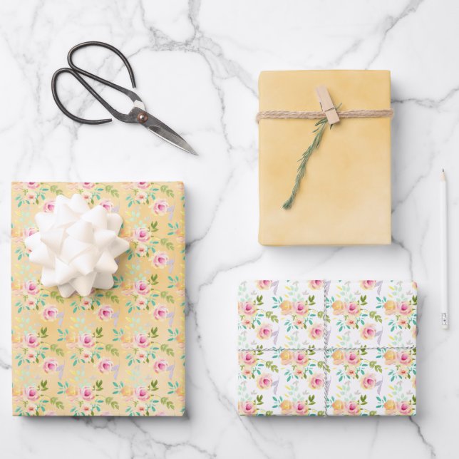 Girly Pink Yellow Floral Wrapping Paper Sheets (Front)