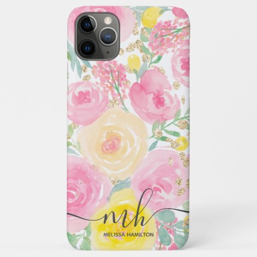 Girly pink yellow gold floral watercolor monogram iPhone 11 pro max case