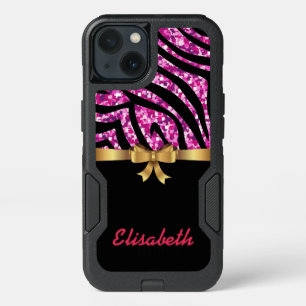 GIRLY PINK ZEBRA glitter black GOLD BOW monogram iPhone 13 Case