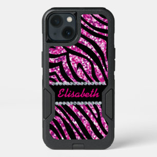 GIRLY PINK zebra glitter printed Diamonds monogram iPhone 13 Case