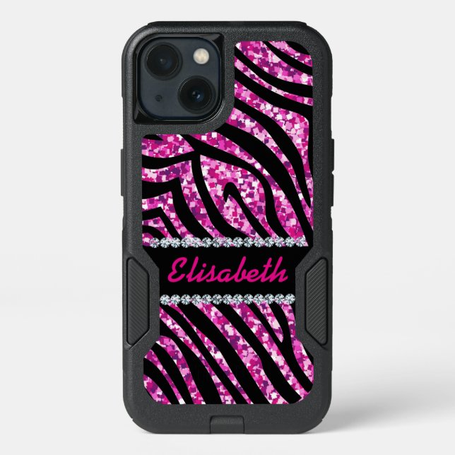 GIRLY PINK zebra glitter printed Diamonds monogram Otterbox iPhone Case (Back)