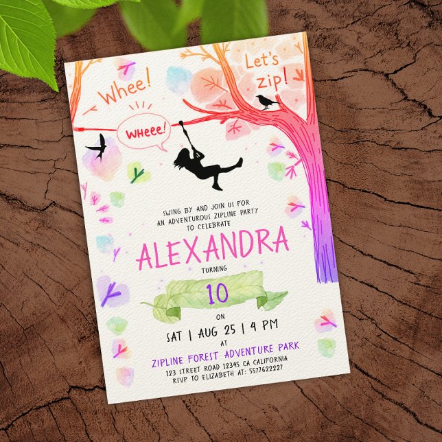 Girly Pink Zipline Adrenaline Adventure Watercolor Invitation (Creator Uploaded)