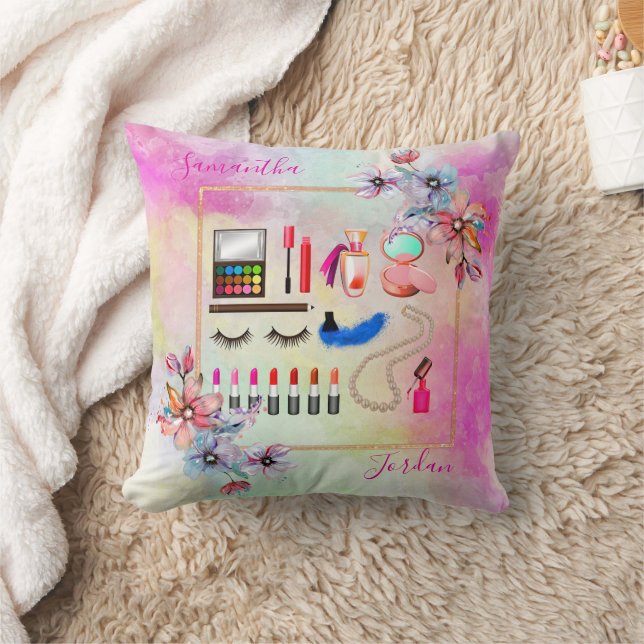 Girly Pinks Teenager Makeup Flower Personalize Throw Pillow (Blanket)