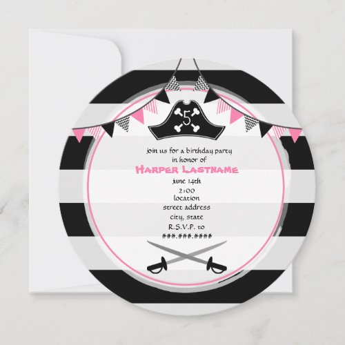 Girly Pirate Birthday Party Round Invitation