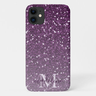 Girly Plum Glitter Monogrammed Name iPhone 11 Case