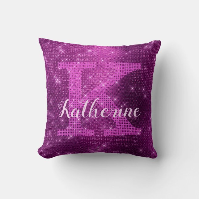Girly Plum Purple Chic Glam Sparkle Monogram Name Throw Pillow (Front)