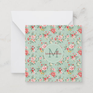 Girly Polka Dot Vintage Floral Pattern Monogram Note Card