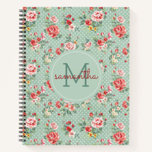 Girly Polka Dot Vintage Floral Pattern Monogram Notebook