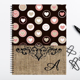 Girly Polka Dots and Burlap Pattern With Monogram Notebook