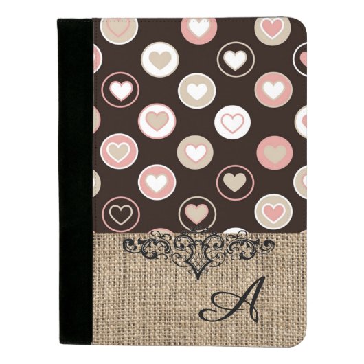 Girly Polka Dots and Burlap Pattern With Monogram Padfolio (Front)