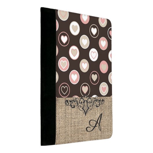 Girly Polka Dots and Burlap Pattern With Monogram Padfolio (Angled)