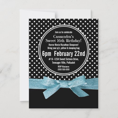 Girly Polka Dots Sweet 16 Blue Ribbon Invitation