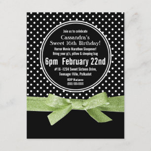 Girly Polka Dots Sweet 16 Lime Green Ribbon Invitation