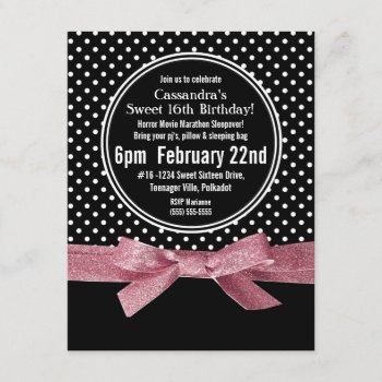 Girly Polka Dots Sweet 16 Pink Ribbon Invitation by PartyHearty at Zazzle