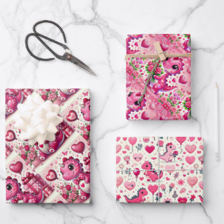 Girly Pop Dinosaur Valentine's Day Wrapping Paper Sheets