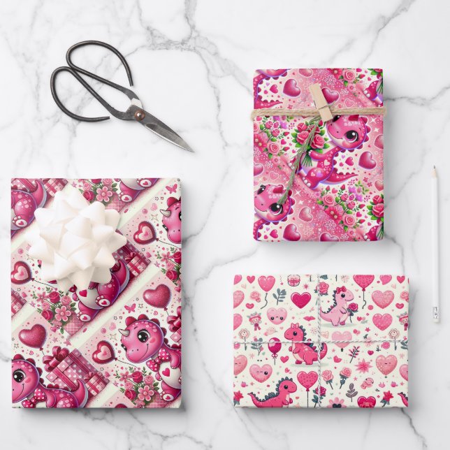 Girly Pop Dinosaur Valentine's Day Wrapping Paper Sheets (Front)