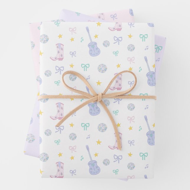 Girly Pop Rockstar Pastel Guitar Cowgirl Party Wrapping Paper Sheets (In situ)