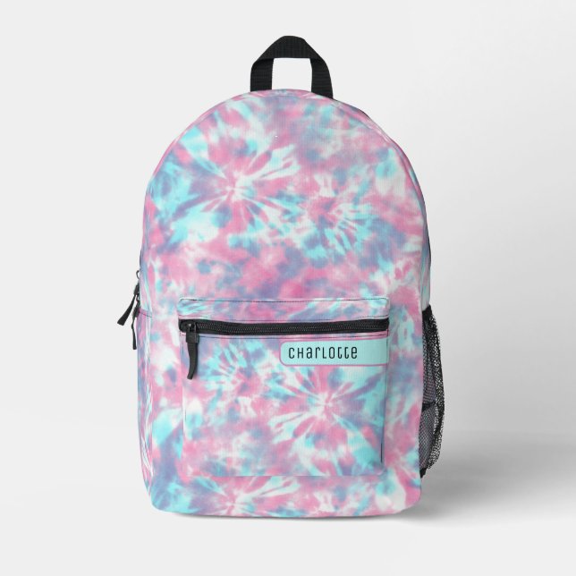 Girly Powder Pink & Electric Blue Shibori Pattern Printed Backpack (Front)