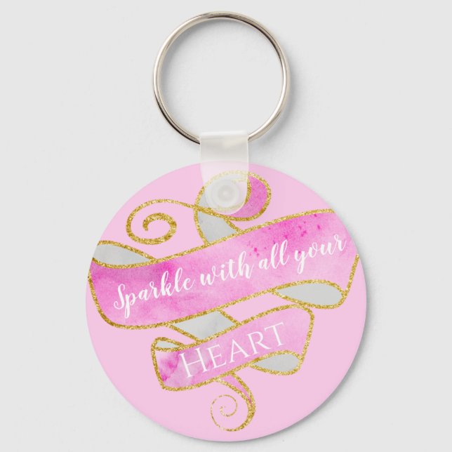Girly Pretty Blush Pink Gold Glitter Sparkle Heart Keychain (Front)
