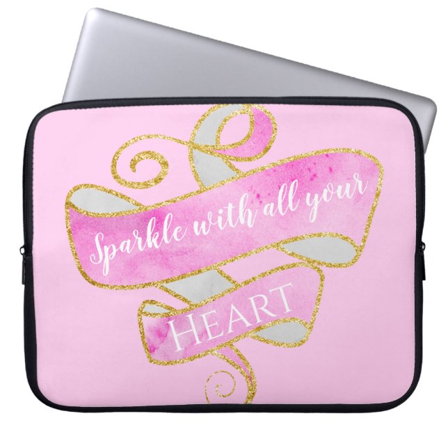 Girly Pretty Blush Pink Gold Glitter Sparkle Heart Laptop Sleeve (Front)