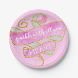 Girly Pretty Blush Pink Gold Glitter Sparkle Heart Paper Plates