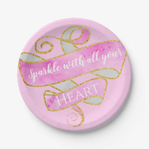 Girly Pretty Blush Pink Gold Glitter Sparkle Heart Paper Plates