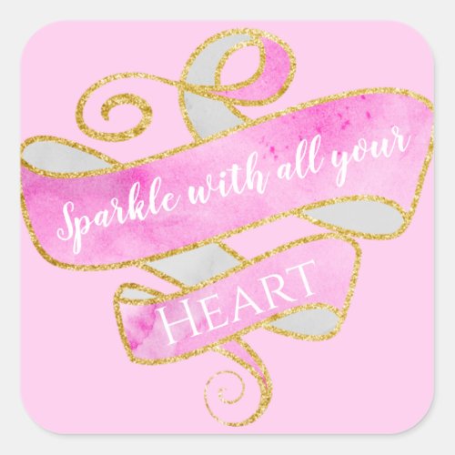 Girly Pretty Blush Pink Gold Glitter Sparkle Heart Square Sticker