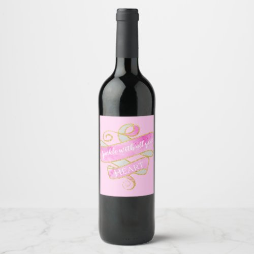 Girly Pretty Blush Pink Gold Glitter Sparkle Heart Wine Label