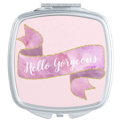 Girly Pretty Blush Pink Hello Gorgeous Gold Ribbon Compact Mirror