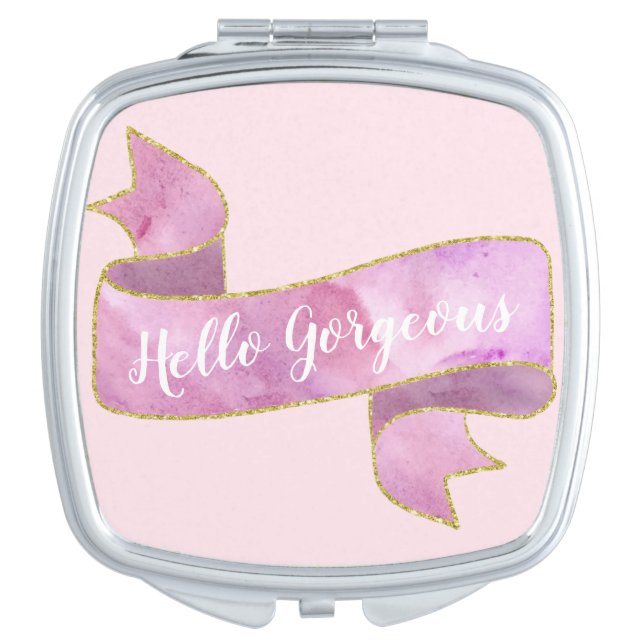 Girly Pretty Blush Pink Hello Gorgeous Gold Ribbon Compact Mirror (Front)