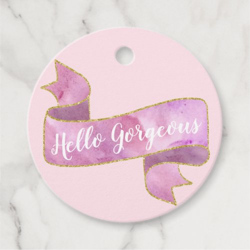 Girly Pretty Blush Pink Hello Gorgeous Gold Ribbon Favor Tags