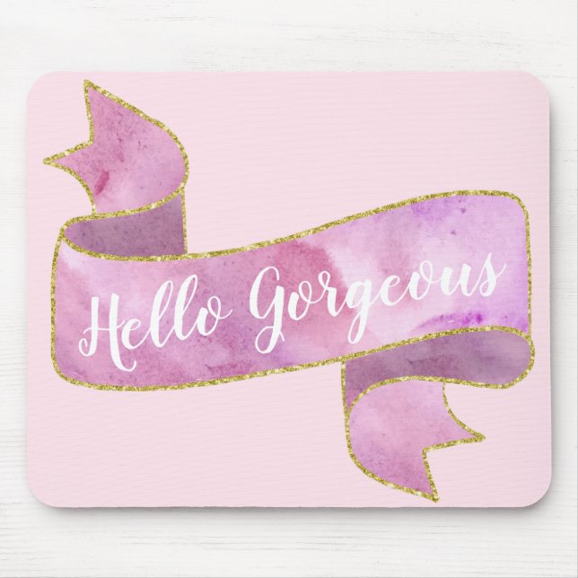 Girly Pretty Blush Pink Hello Gorgeous Gold Ribbon Mouse Pad (Front)