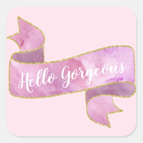 Girly Pretty Blush Pink Hello Gorgeous Gold Ribbon Square Sticker